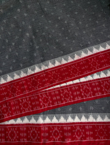Border Deisgn Double Ikkat Cotton Fabric in Red & Grey