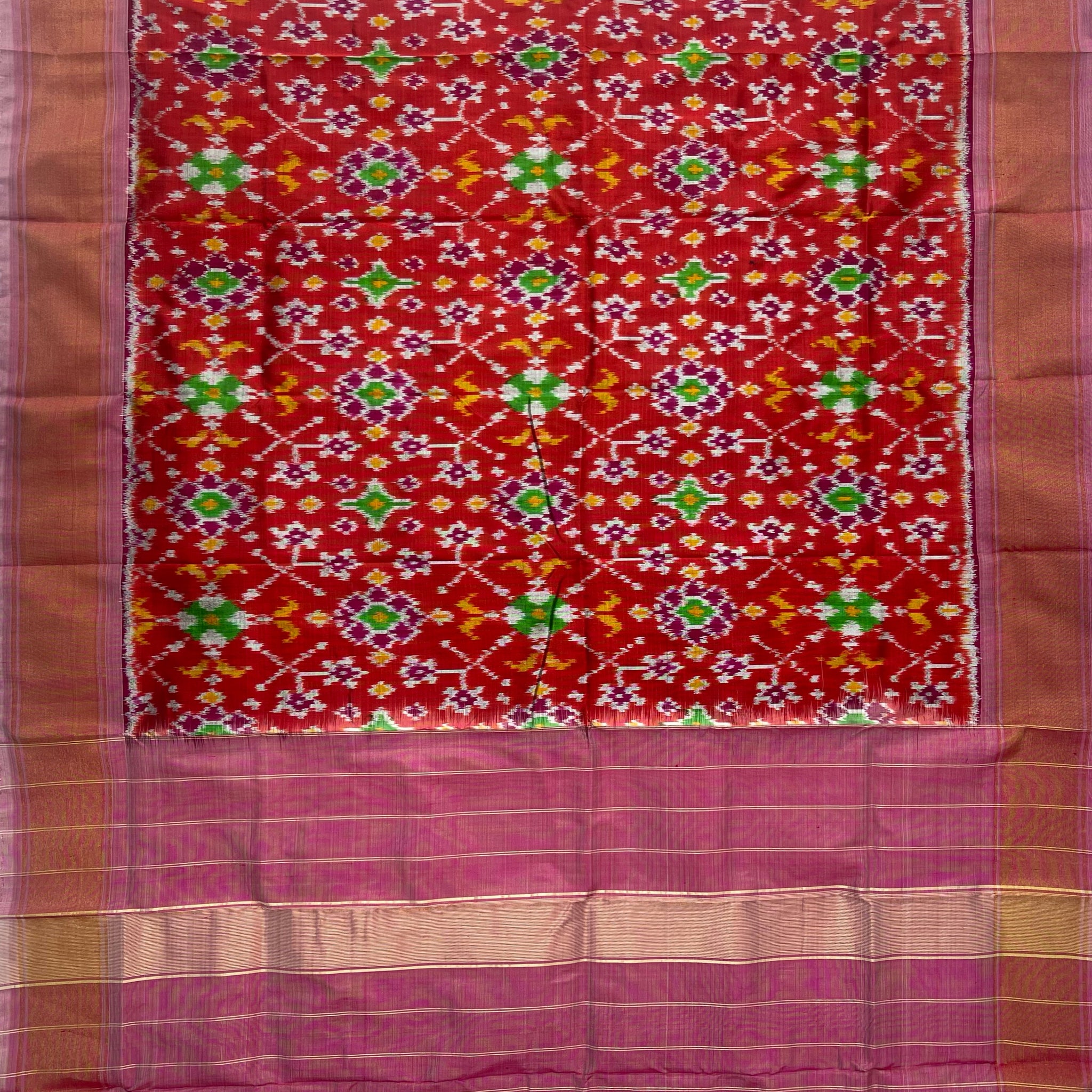 Red & Pestal Pink colour Pochampalli Ikkat Handloom silk duppata