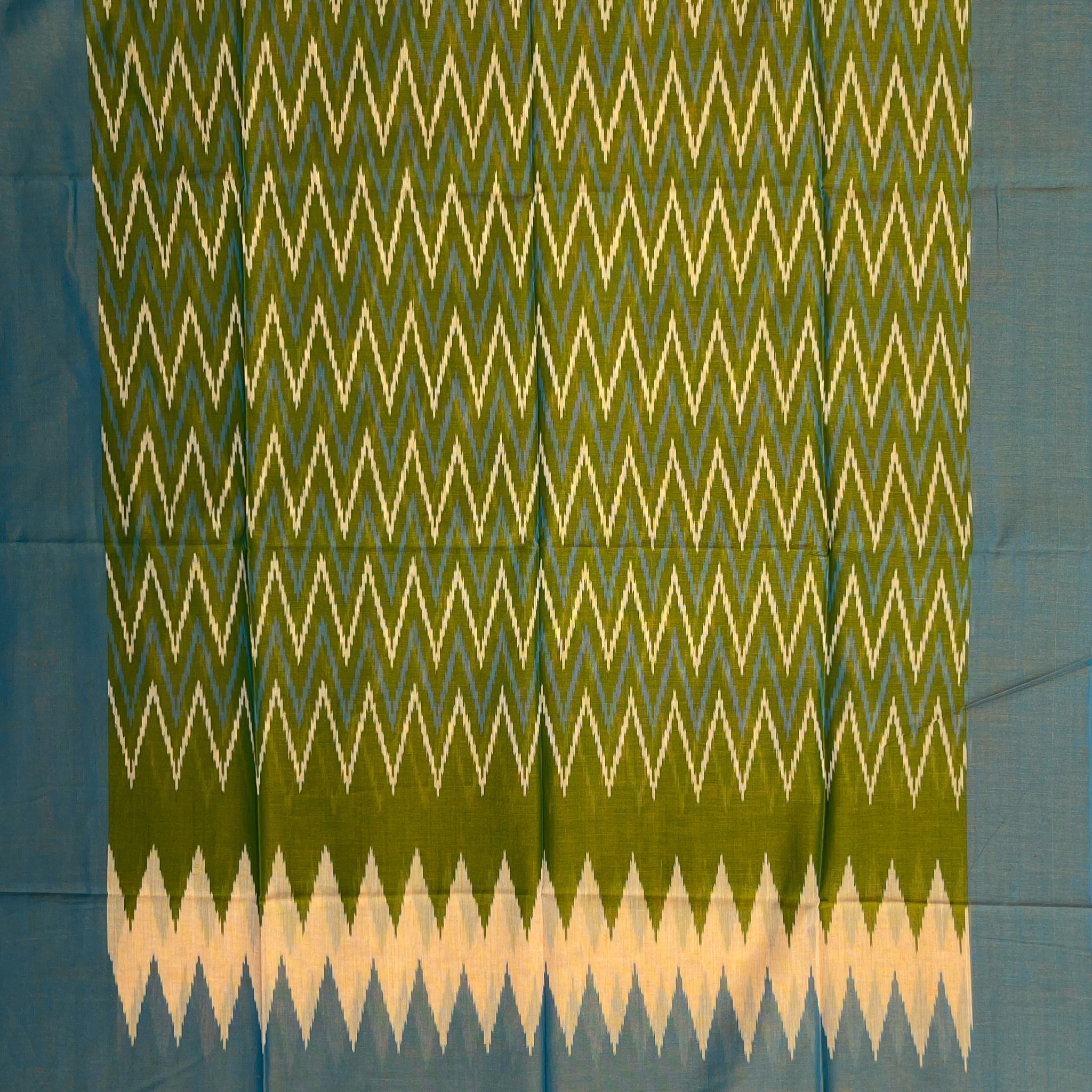 Pochampally Ikkat Cotton Duppata In Green &  Sky Blue
