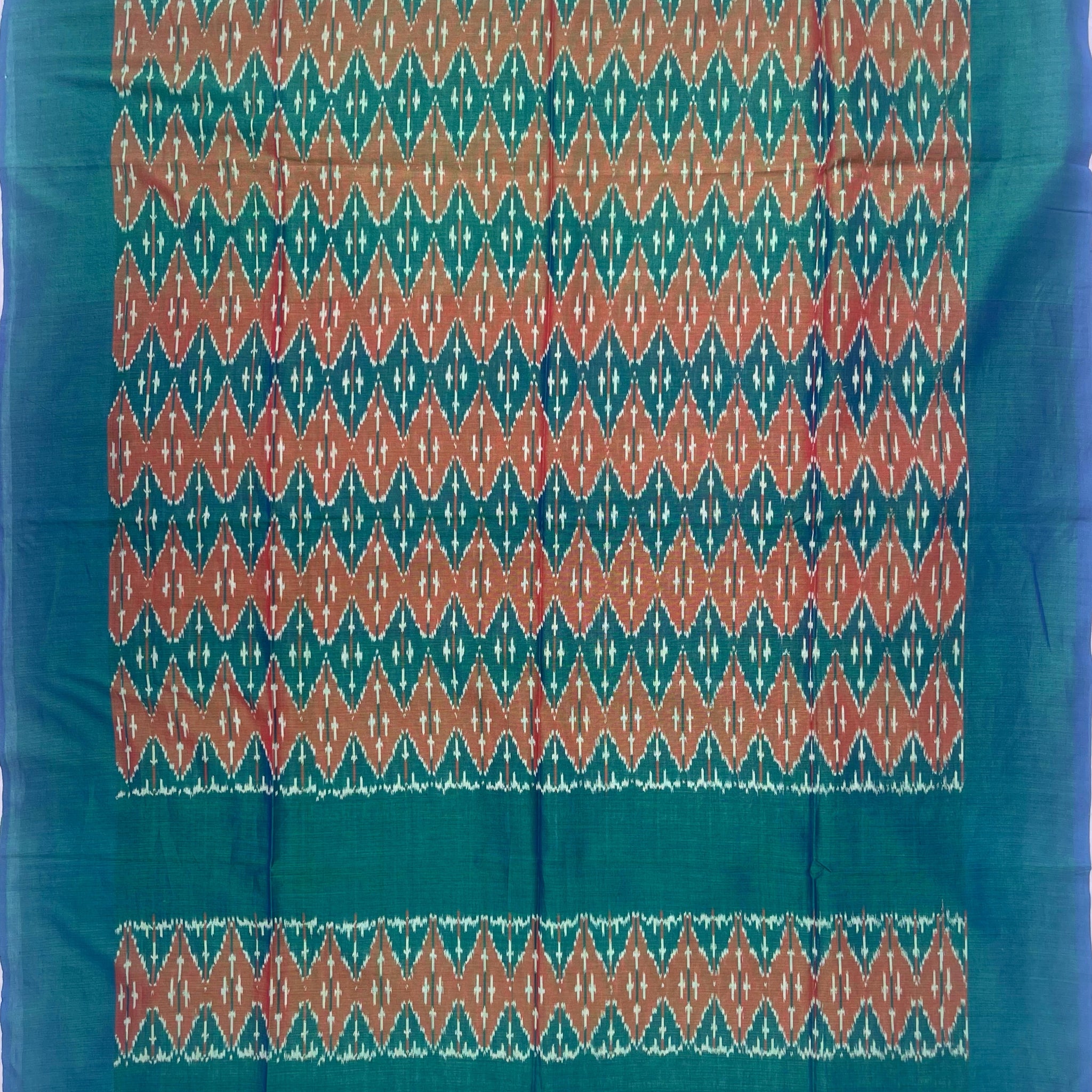 Pochampally Ikkat Cotton Duppata In Rust Green Colour