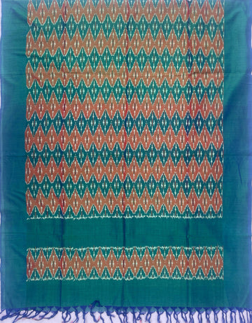 Pochampally Ikkat Cotton Duppata In Rust Green Colour