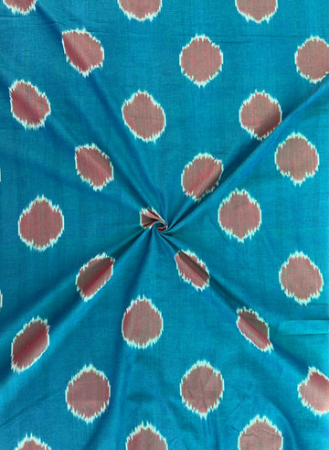 TEAL BLUE WITH PINK POLKA DOTS IKKAT COTTON FABRIC IKCO013