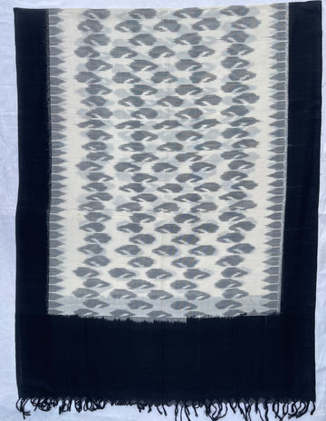 Pochampally Ikkat Cotton Duppata In  Off White & Black Colour