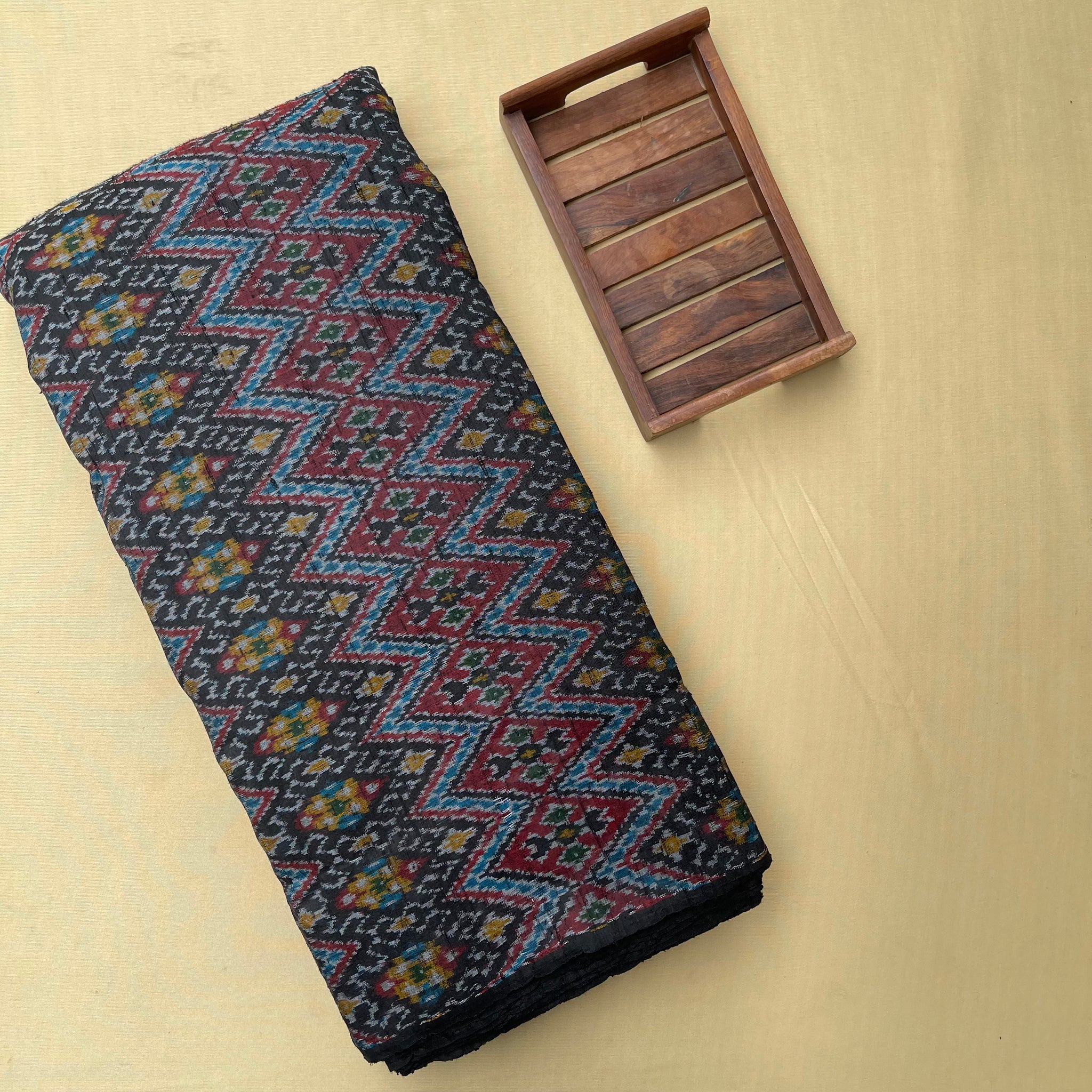 Black Color Ikkat Raw silk Fabric