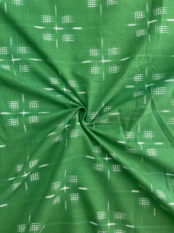 Green Geometric Design In Double Ikkat Handloom Cotton Fabric