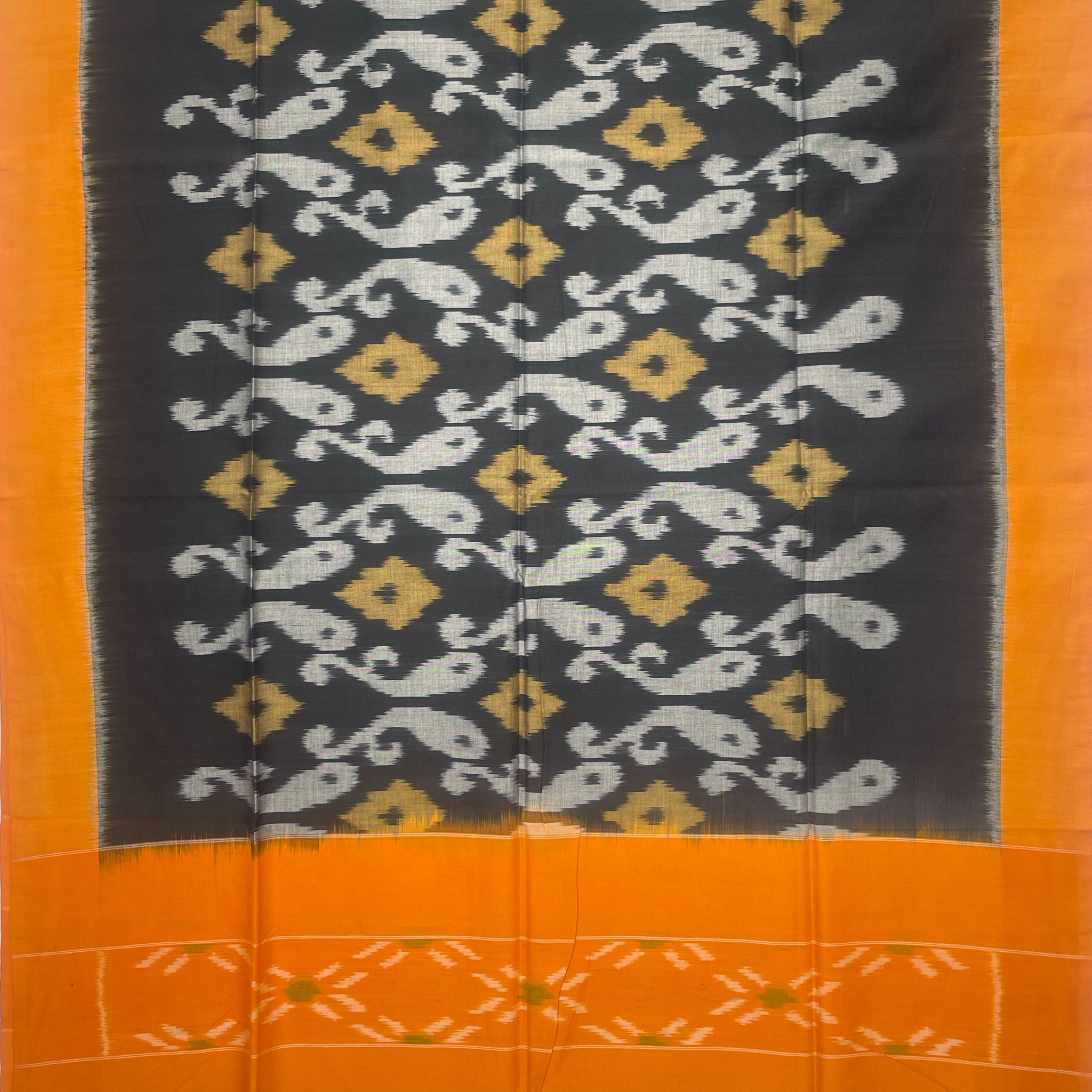 Pochampally Ikkat Cotton Duppata In Black & Yellow