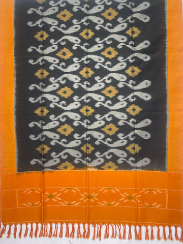 Pochampally Ikkat Cotton Duppata In Black & Yellow