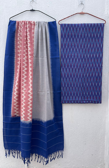 Designer Handloom Ikkat Salwar Suit Material – Mercerised Cotton Kurta & Cotton Dupatta Set