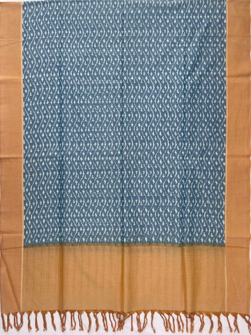 Pochampally Ikkat Cotton Duppata In Pestal Blue & Yellow Colour