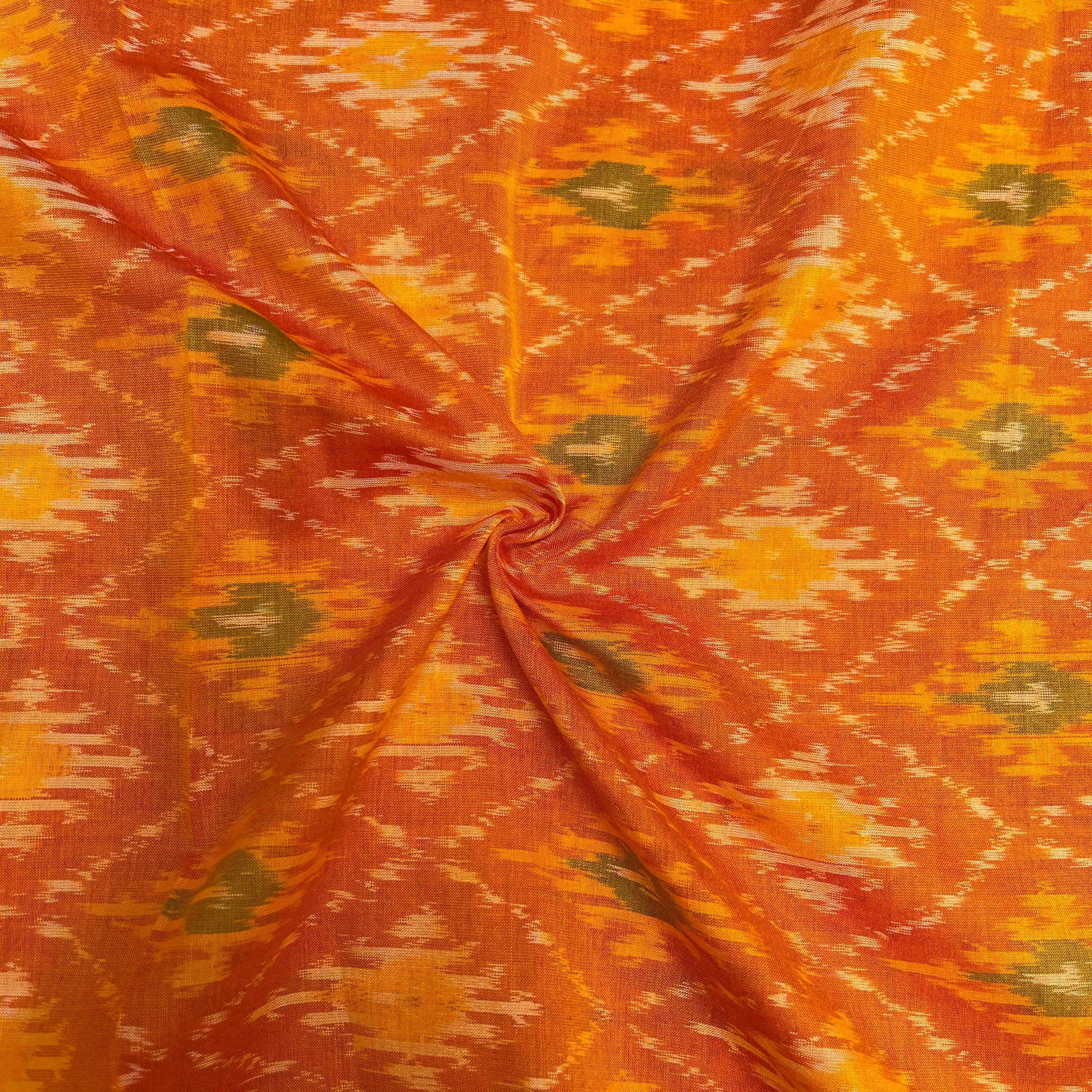Orange Yellow Color Raw Silk Ikkat cotton Fabric