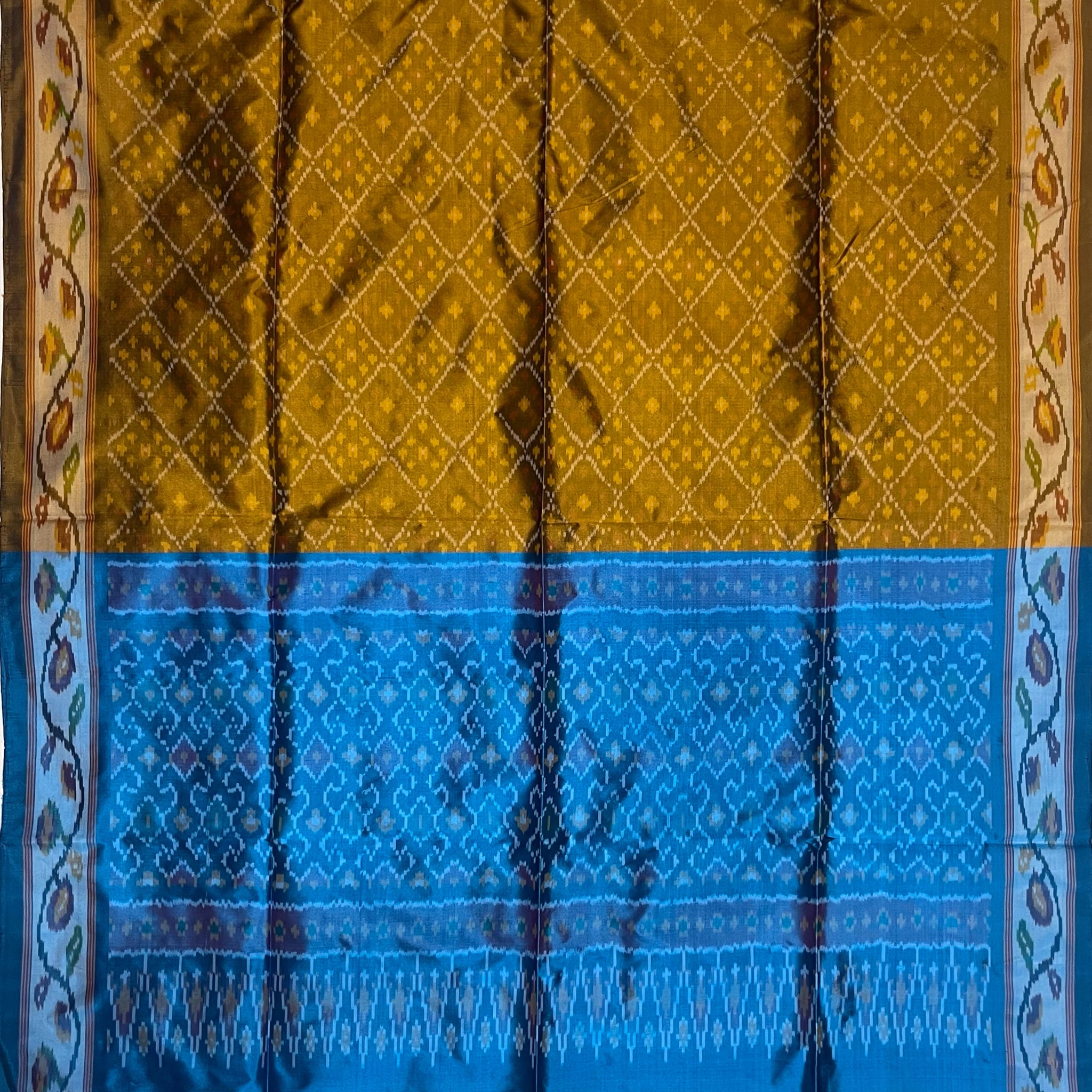 Golden Yellow & Blue colour Ikkat Handloom silk duppata