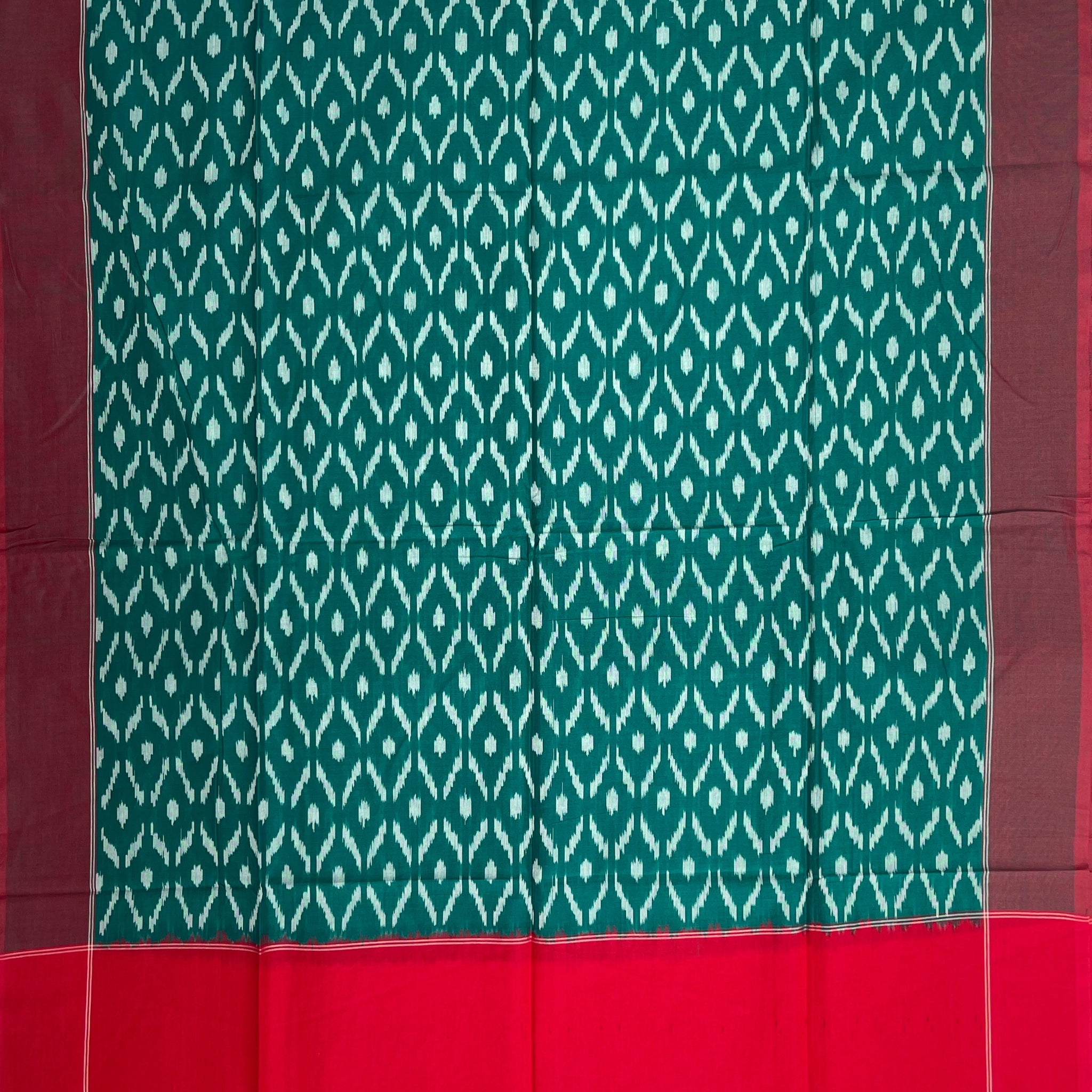 Pochampally Ikkat Cotton Duppata In Red & Indigo Green