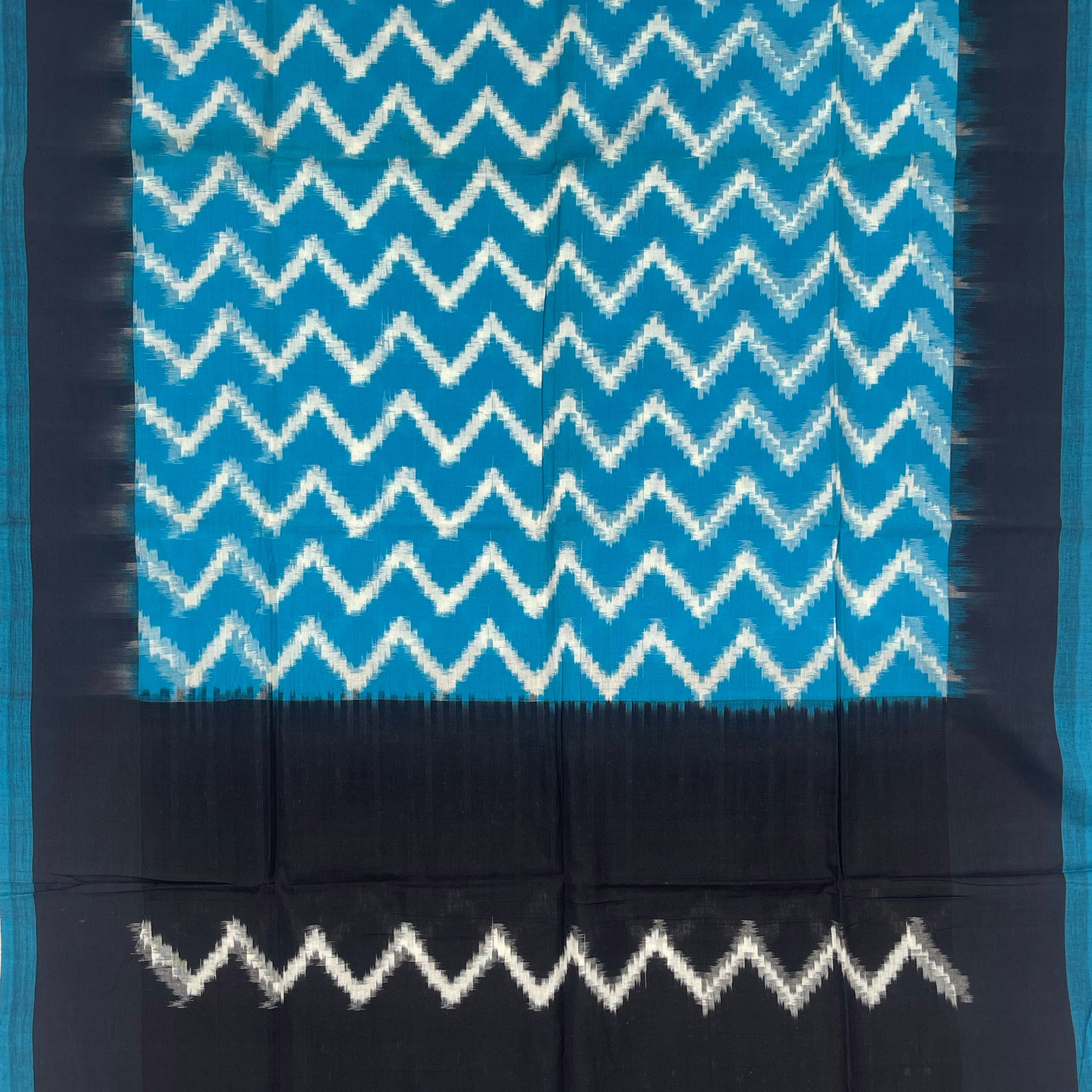 Pochampally Ikkat Cotton Duppata In Black & Sky Blue Colour