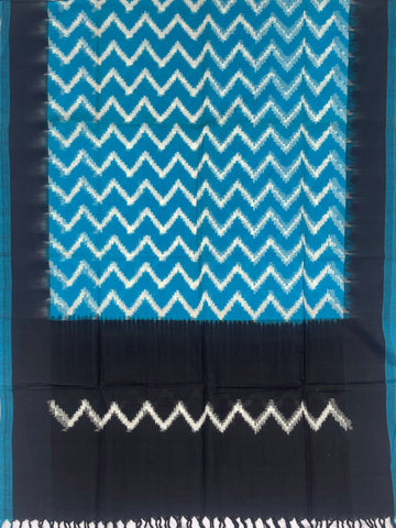 Pochampally Ikkat Cotton Duppata In Black & Sky Blue Colour