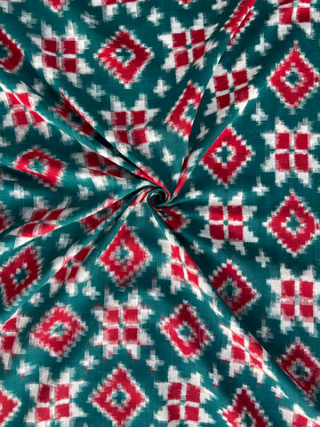 Authentic Ikkat Telia Cotton Fabric In Red & Green
