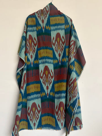 Special Uzbek Ikat Fabric – Premium Handmade Cotton Handloom | 2.5 meters Sea Green and Blue