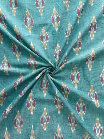 Pure Cottons Green with small mofits  Ikkat Handloom Cotton Fabric