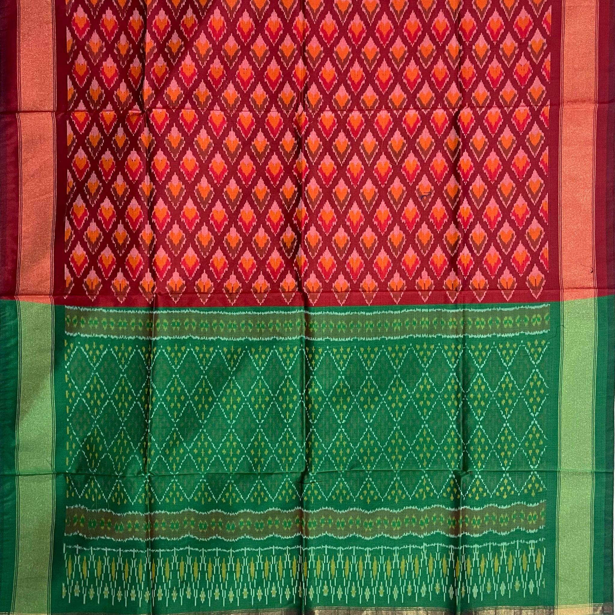 Maroon & Green Colour Pochampally Ikkat Silk Cotton Duppata