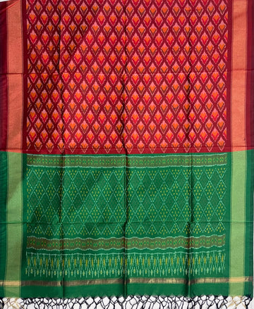 Maroon & Green Colour Pochampally Ikkat Silk Cotton Duppata