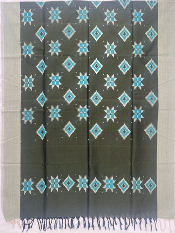 Pochampally Ikkat Cotton Duppata In Mahendi Green Colour