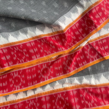 Double ikkat Cotton Border Design In Grey & Red Color COmboination