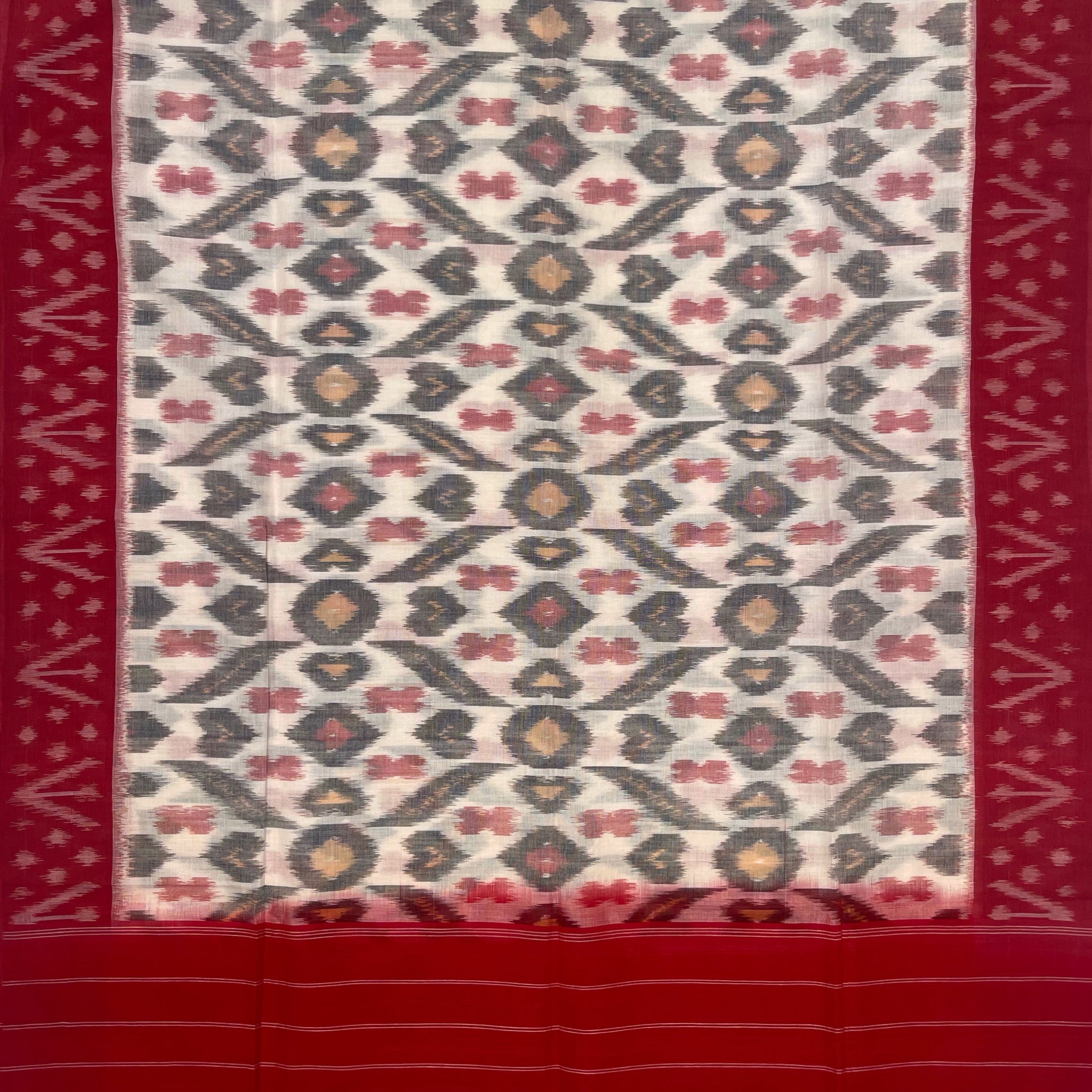 Pochampally Ikkat Cotton Duppata In Off White & Red Colour