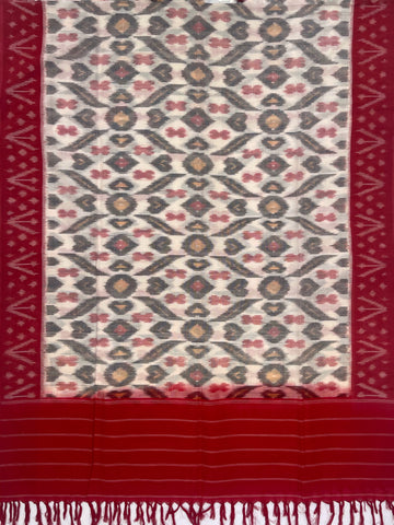Pochampally Ikkat Cotton Duppata In Off White & Red Colour