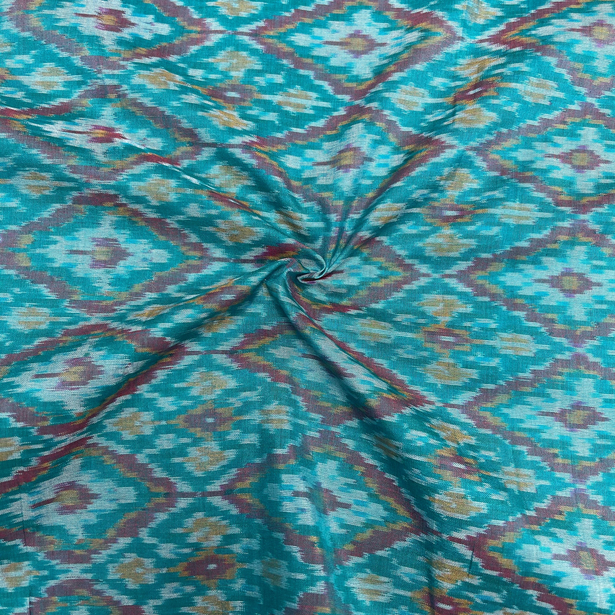 Peacock Blue Color Raw Silk Ikkat cotton Fabric