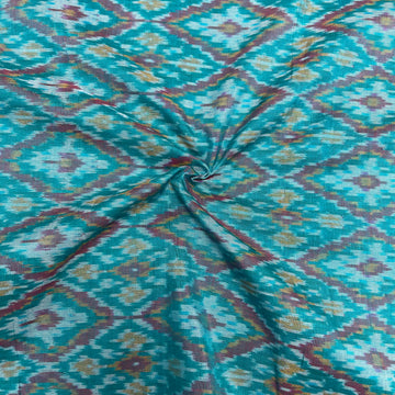 Peacock Blue Color Raw Silk Ikkat cotton Fabric
