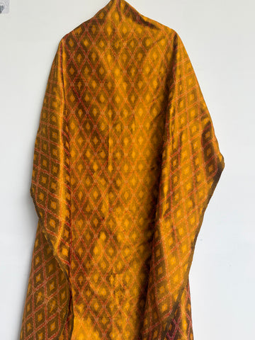 Handloom Mustard Yellow Raw Silk Fabric with Ikkat Diamond Weave (2.5 Mts x 45"