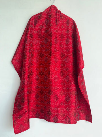 Handwoven Geometric Ikkat Silk Fabric – Rich Crimson & Earthen Tones