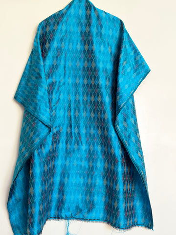 Teal Blue Base Multi Color Handloom Raw silk Fabric 2.5 mts